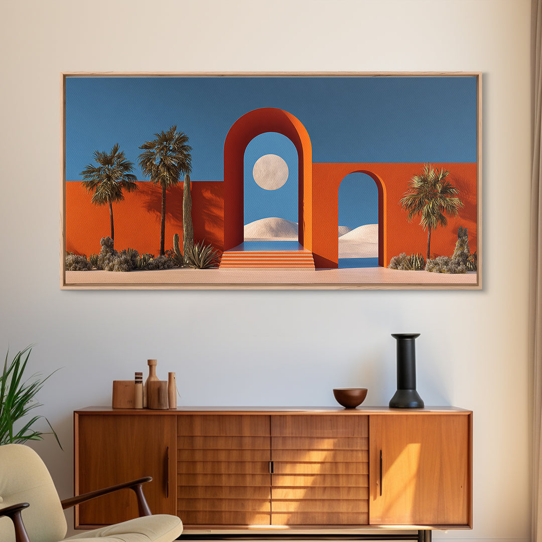 Orange Desert Portal With Moon Palms And White Dunes Wall Art, Midcentury Modern Southwest Decor, Palm Springs Landscape Print
