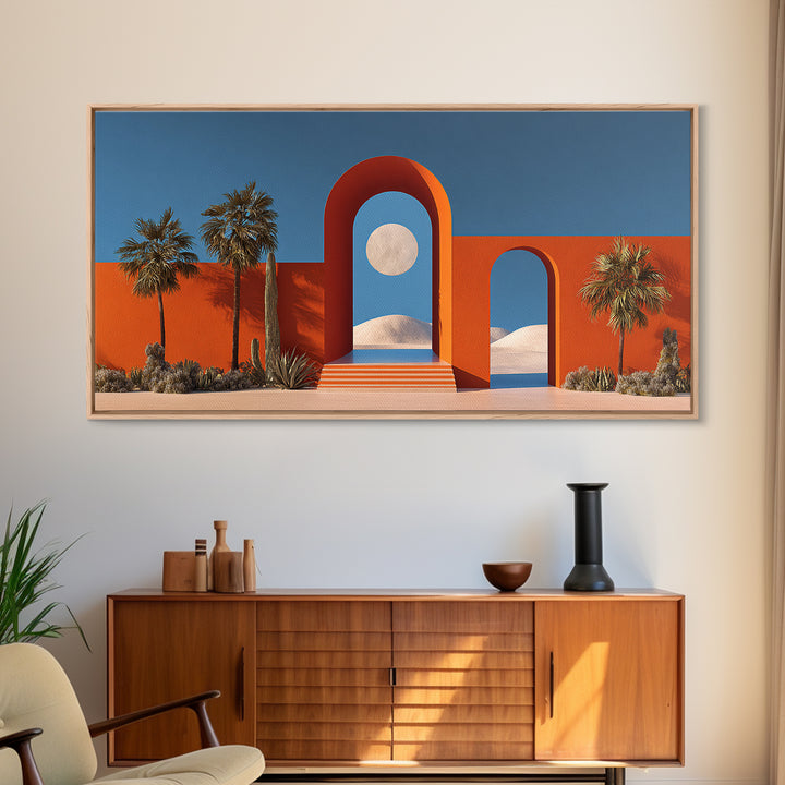 Orange Desert Portal With Moon Palms And White Dunes Wall Art, Midcentury Modern Southwest Decor, Palm Springs Landscape Print