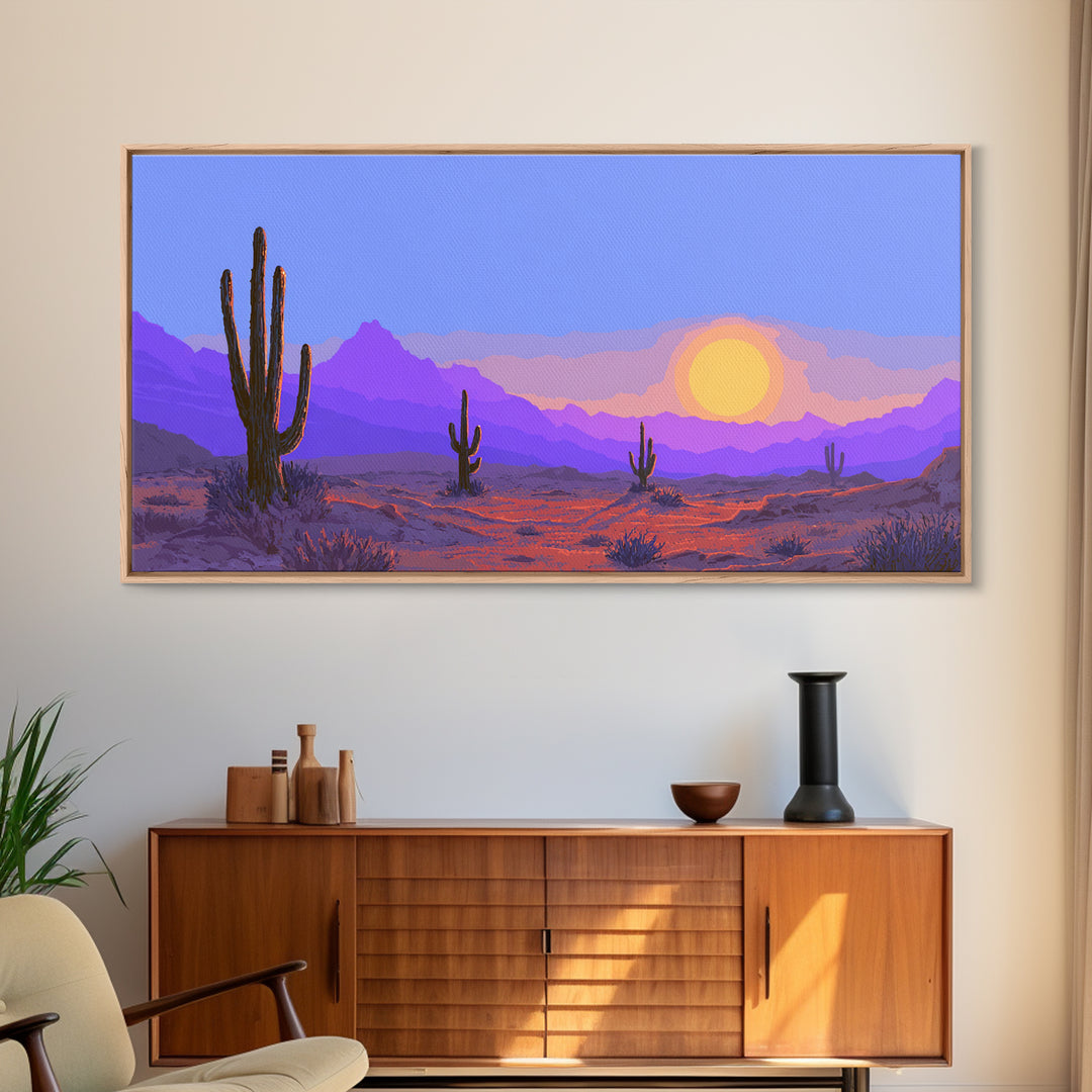 Purple Desert Mountains Canvas Print, Retro Cactus Sunset Wall Art, Midcentury Modern Landscape Poster, Colorful Home Decor