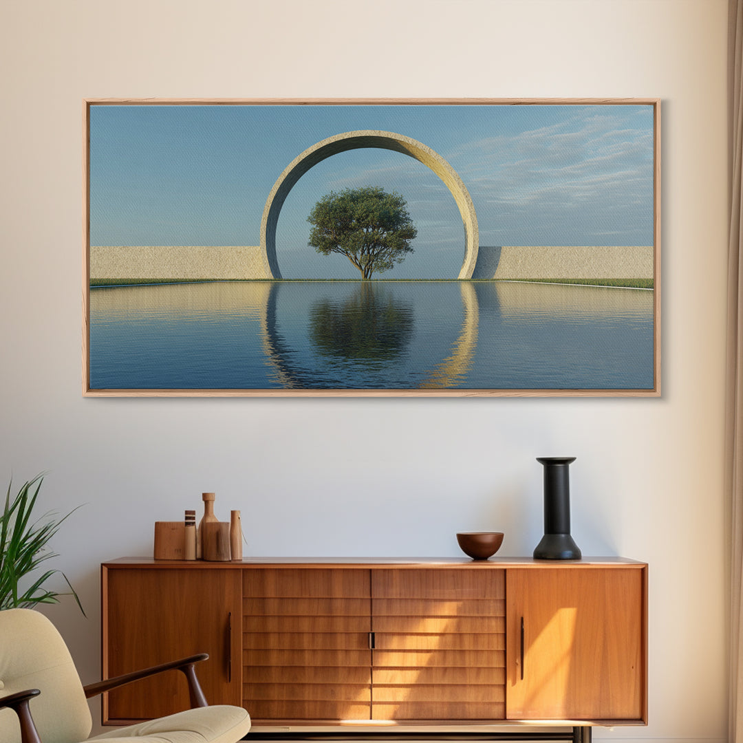 Circular Arch Tree Reflection Wall Art, Modern Landscape Print, Serene Water Decor, Minimalist Nature Art For Living Room