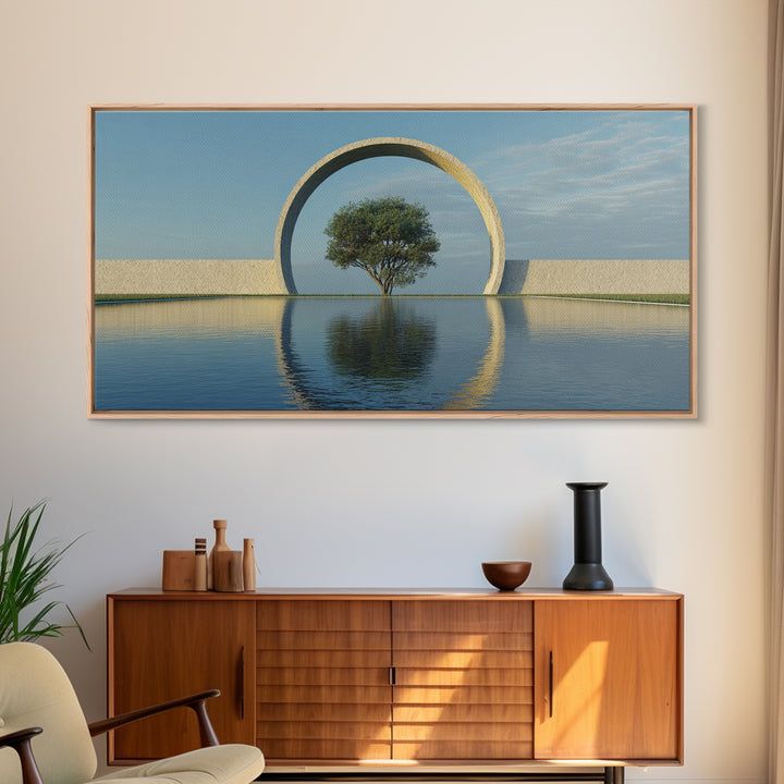 Circular Arch Tree Reflection Wall Art, Modern Landscape Print, Serene Water Decor, Minimalist Nature Art For Living Room