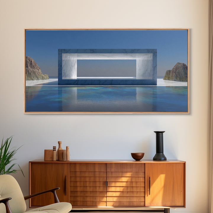 Marble Ocean Window Framed Canvas Print, Modern Architectural Wall Decor, Minimalist Coastal Art For Office And Living Room