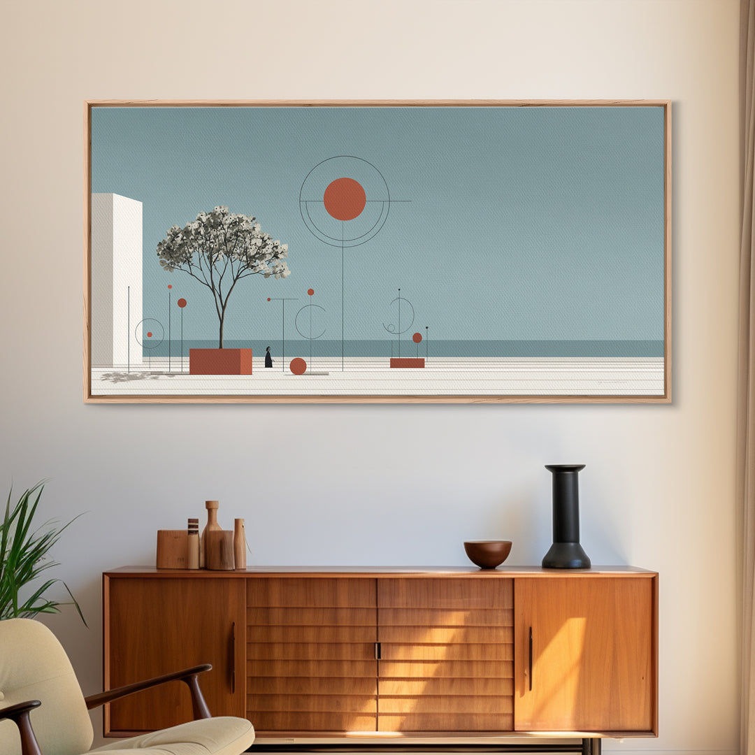 Minimal Tree With Orange Sun Canvas Print, Midcentury Modern Wall Decor, Geometric Abstract Art For Serene Calm Living Room