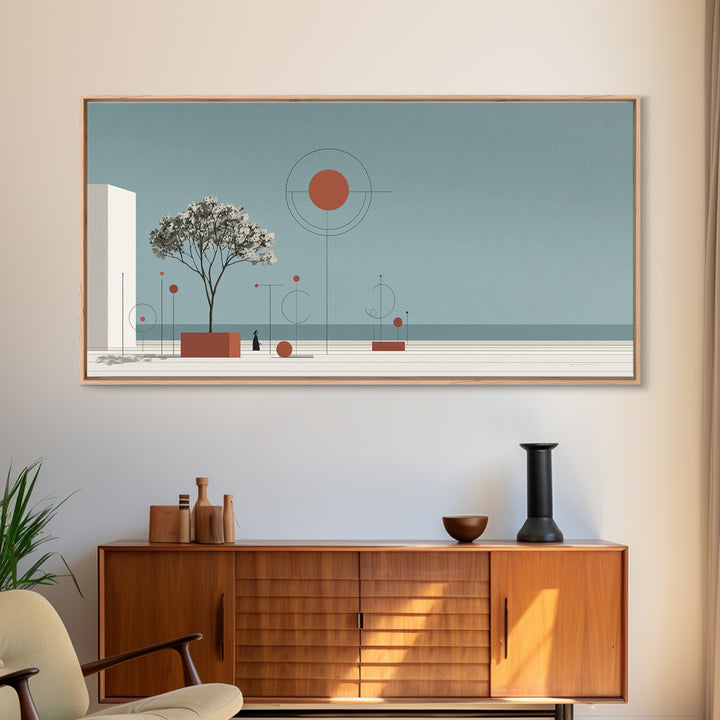 Minimal Tree With Orange Sun Canvas Print, Midcentury Modern Wall Decor, Geometric Abstract Art For Serene Calm Living Room