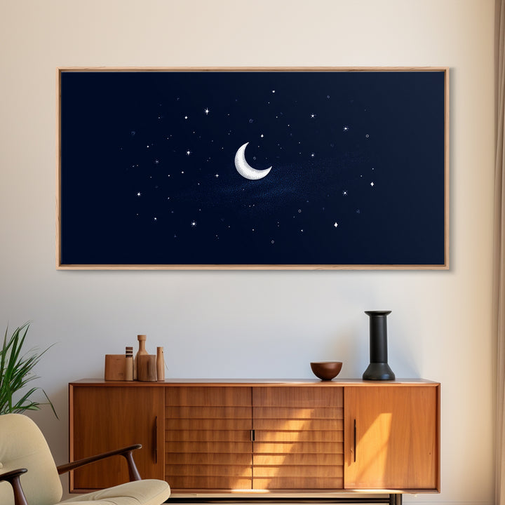 White Crescent Moon And Stars Wall Art, Dreamy Navy Celestial Night Sky Print, Minimalist Space Decor For Bedroom Or Nursery
