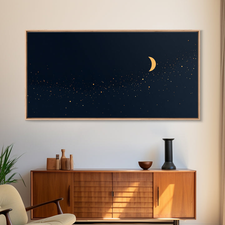 Golden Crescent Moon And Stars Wall Art, Mystical Dark Navy Celestial Print, Boho Night Sky Decor For Bedroom, Nursery, Gallery