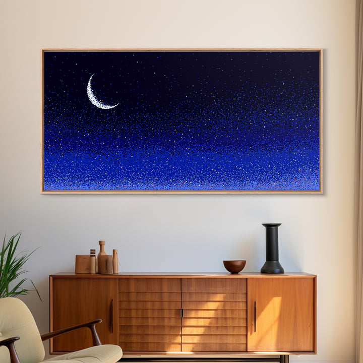 Blue Crescent Moon Star Field Wall Art, Cosmic Night Sky Print, Retro Pixel Space Decor For Bedroom, Dorm Room, Or Nursery