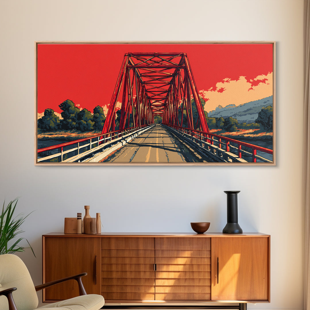 Red Steel Bridge At Sunset Wall Art, Retro Travel Poster Print, Bold Landscape Decor, Scenic Road Art For Office Or Man Cave