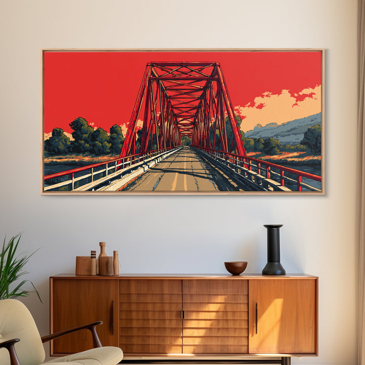 Red Steel Bridge At Sunset Wall Art, Retro Travel Poster Print, Bold Landscape Decor, Scenic Road Art For Office Or Man Cave