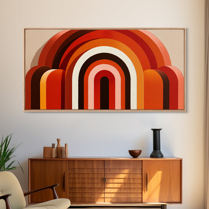 Warm Rainbow Arch Abstract In Rust Orange And Cream Canvas Print, Midcentury Modern Wall Art, Boho Retro Geometric Decor