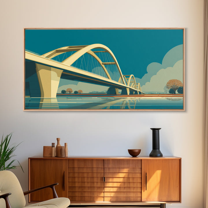 Modern Arched Bridge Reflection Canvas Print, Midcentury Landscape Wall Art, Architectural Calm Water Decor For Living Room