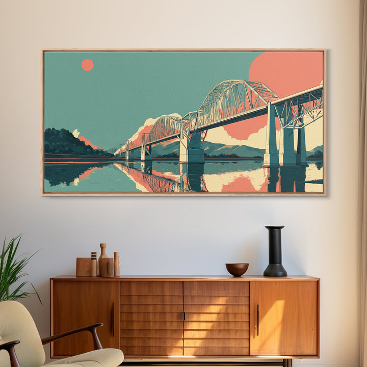 Retro Steel Bridge Sunset Wall Art, Midcentury Modern Landscape Print, Teal Orange Travel Poster, Living Room Home Office Decor