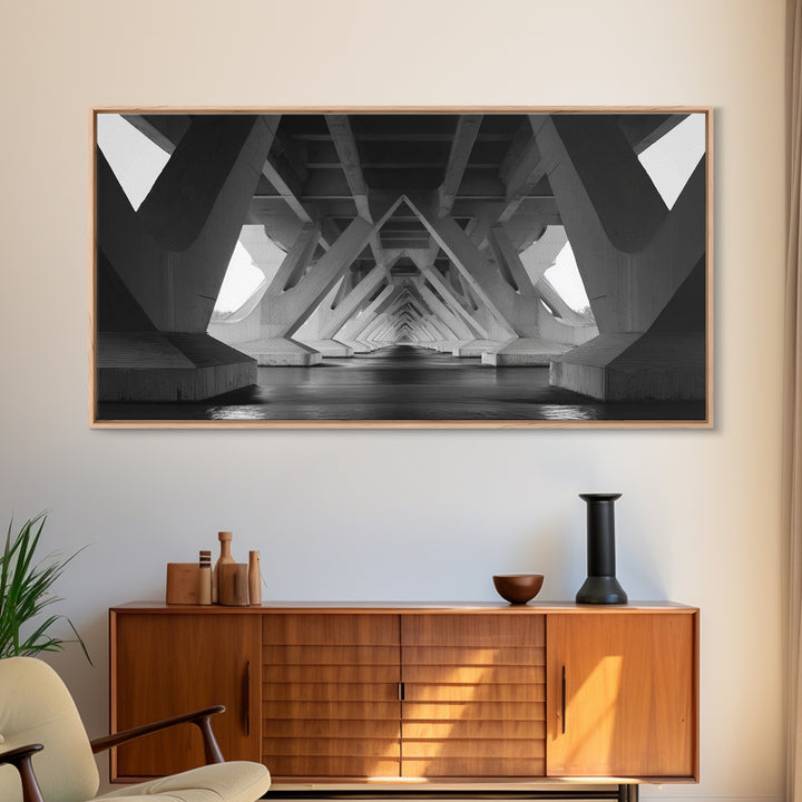 Black And White Bridge Underside Canvas Print, Architectural Art, Geometric Perspective, Modern Wall Decor For Office Study