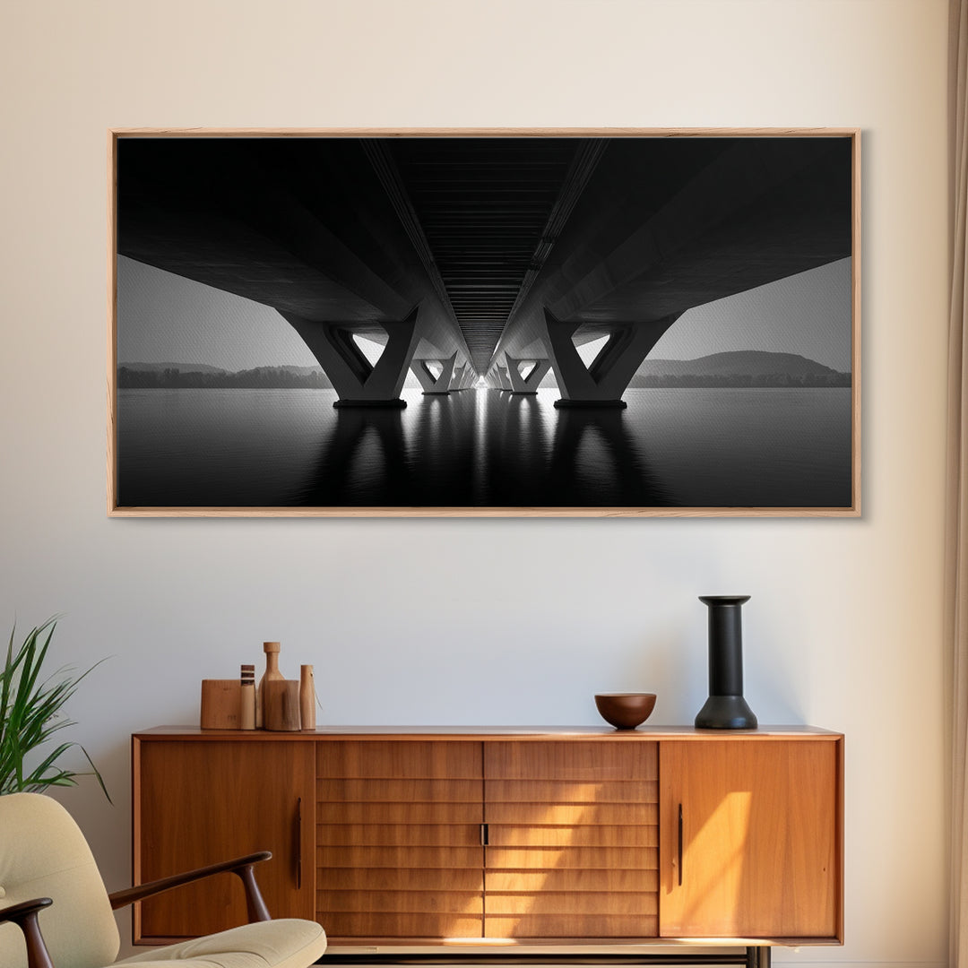 Moody Bridge Underpass Wall Art, Black And White Architectural Photography Print, Geometric Lines, Masculine Office Decor