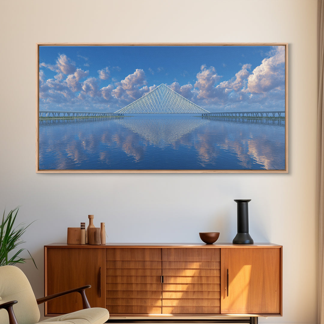 Blue Cable Bridge Reflection Wall Art, Serene Modern Landscape Print, Coastal Water Travel Poster, Living Room Office Decor