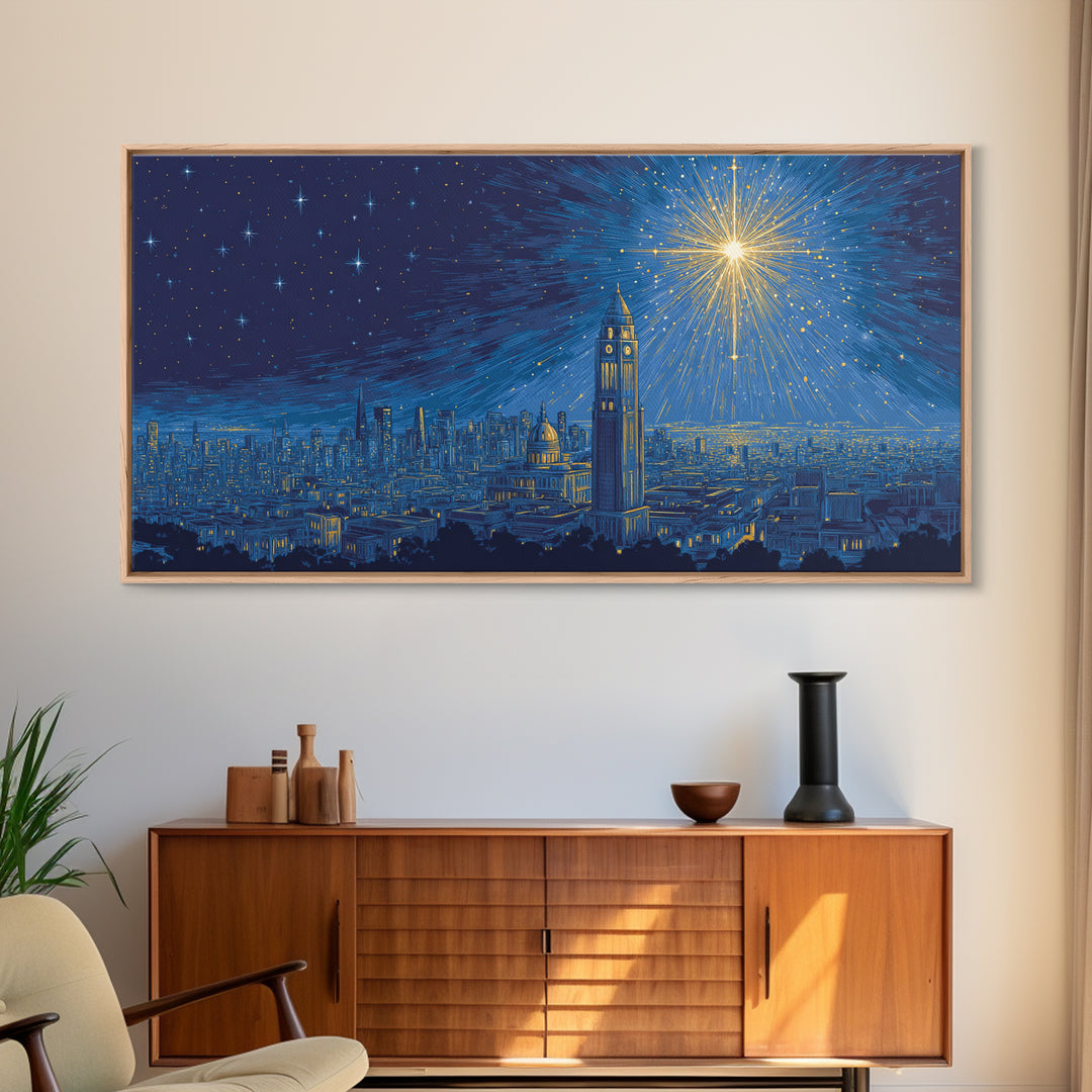 Blue City Skyline Starburst Canvas Print, Midcentury Modern Night Art, Celestial Urban Poster, Home Office Wall Decor Gift