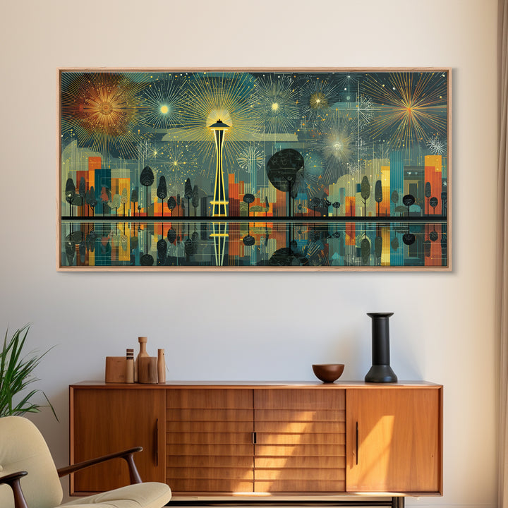 Seattle Space Needle Fireworks Wall Art, Midcentury Modern Cityscape Print, Retro Skyline Poster, Living Room Office Decor