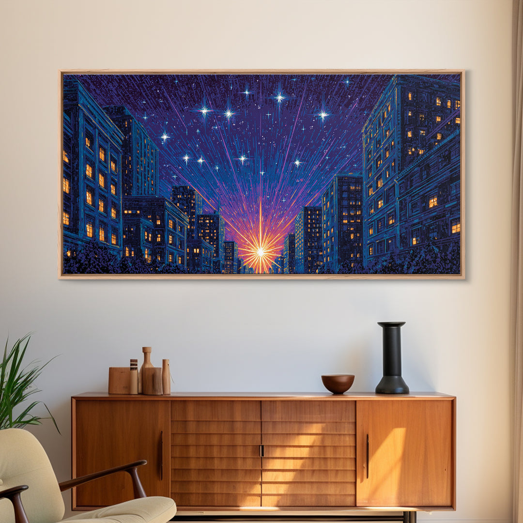 Urban Starburst City Street Wall Art, Modern Night Skyline Print, Blue Orange Retro Poster, Apartment And Office Decor Gift