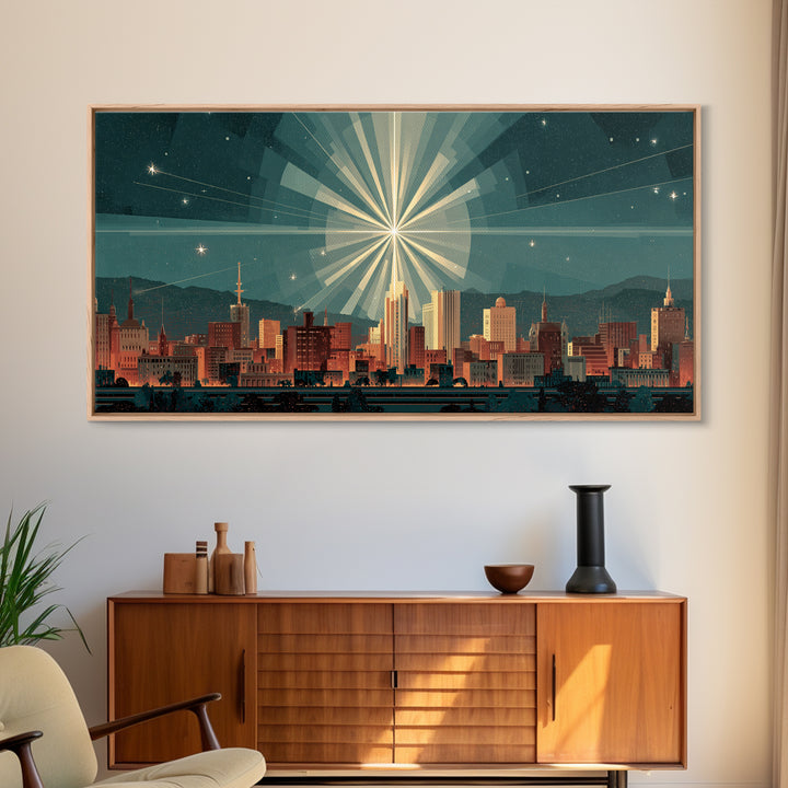 Art Deco City Skyline Wall Art, Geometric Sunburst Night Print, Midcentury Modern Poster, Teal Neutral Living Room Office Decor