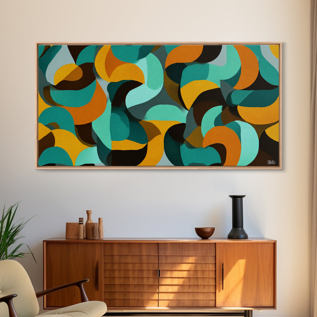 Teal Mustard Orange Organic Shape Abstract Wall Art, Midcentury Modern Geometric Print, Retro MCM Decor For Living Room Spaces