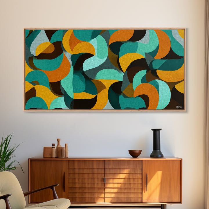 Teal Mustard Orange Organic Shape Abstract Wall Art, Midcentury Modern Geometric Print, Retro MCM Decor For Living Room Spaces