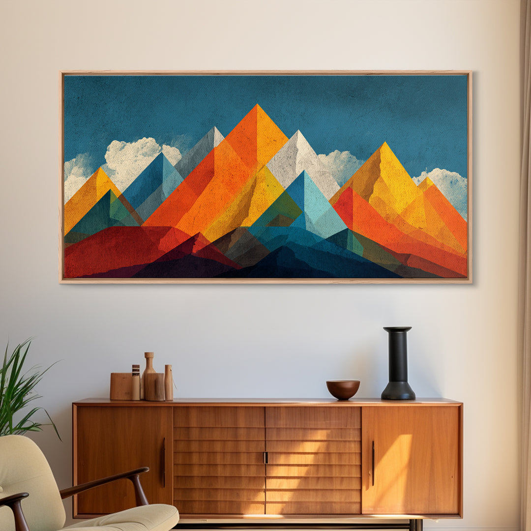 Orange Blue Geometric Mountain Wall Art, Abstract Desert Landscape Print, Midcentury Modern Poster, Bold Home Office Decor