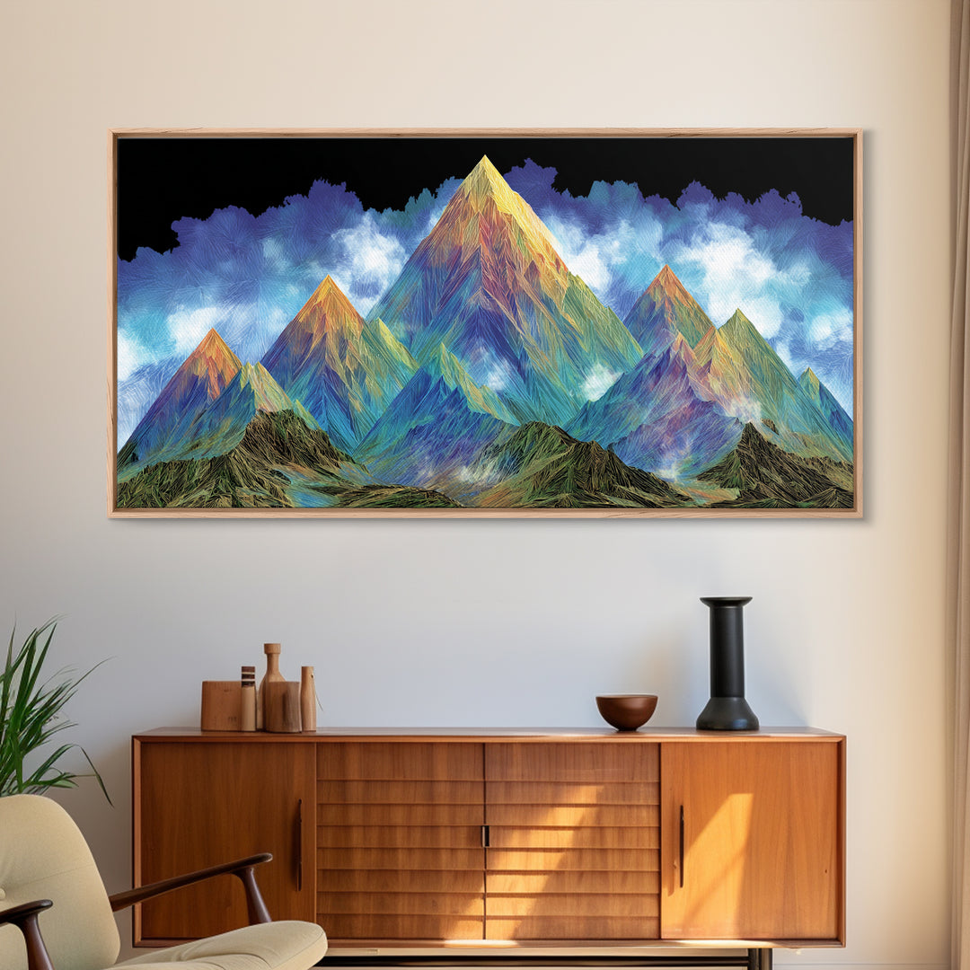 Vibrant Rainbow Mountain Wall Art, Colorful Abstract Landscape Print, Modern Psychedelic Poster, Large MCM Living Room Decor