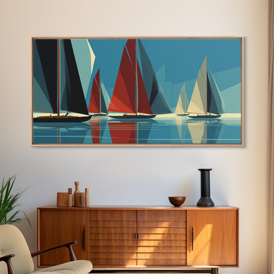 Abstract Sailboat Regatta Canvas Print, Midcentury Modern Nautical Wall Art, Blue Red Coastal Poster, Beach House Home Decor