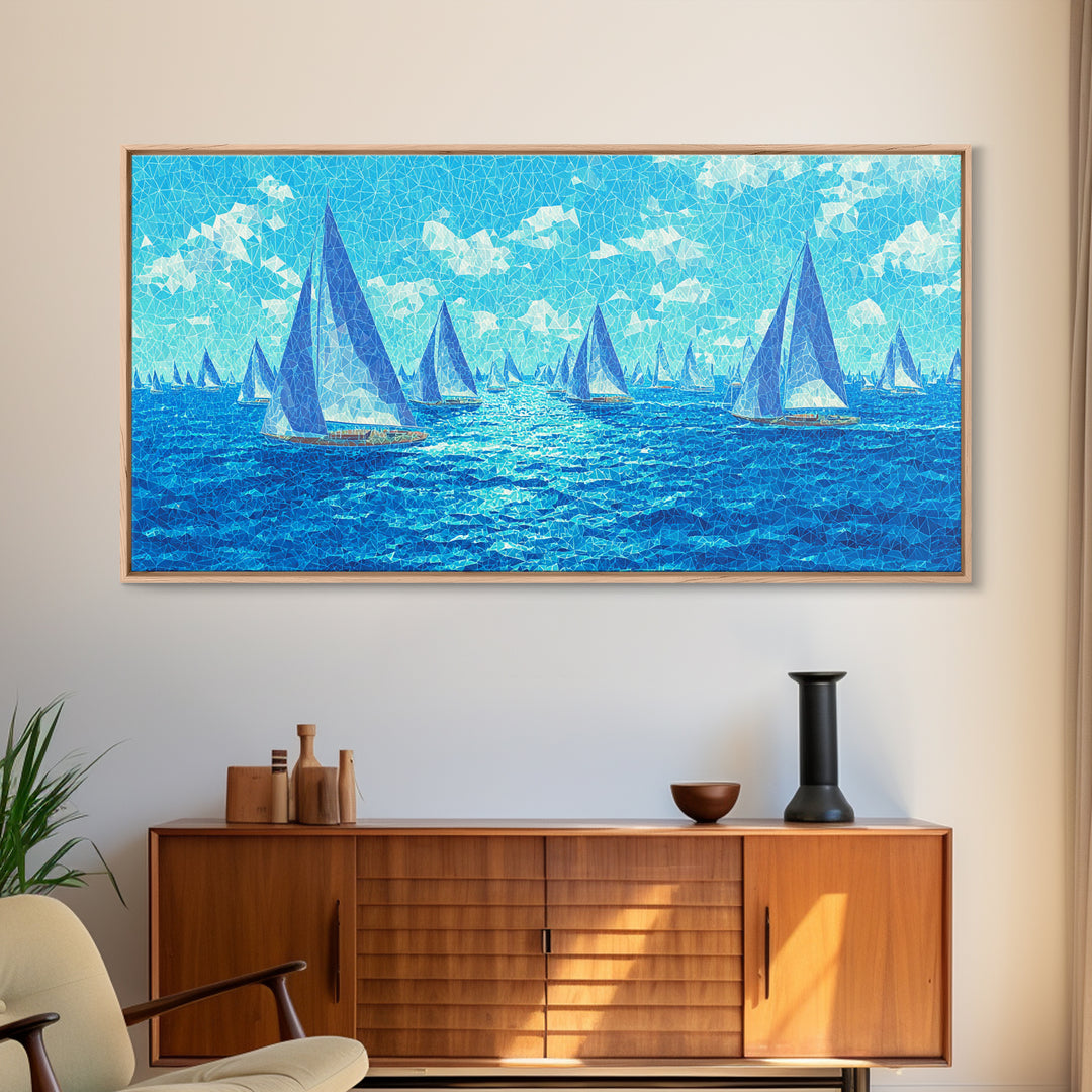Bright Blue Sailboats Wall Art, Ocean Regatta Canvas Print, Coastal Modern Nautical Poster, Beach House Living Room Decor