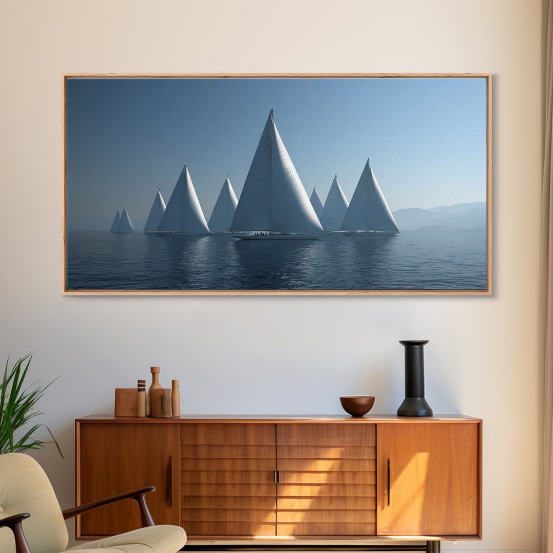 Minimalist White Sailboats Framed Canvas Print, Misty Lake Wall Art, Scandinavian Modern Nautical Decor, Calm Blue Seascape