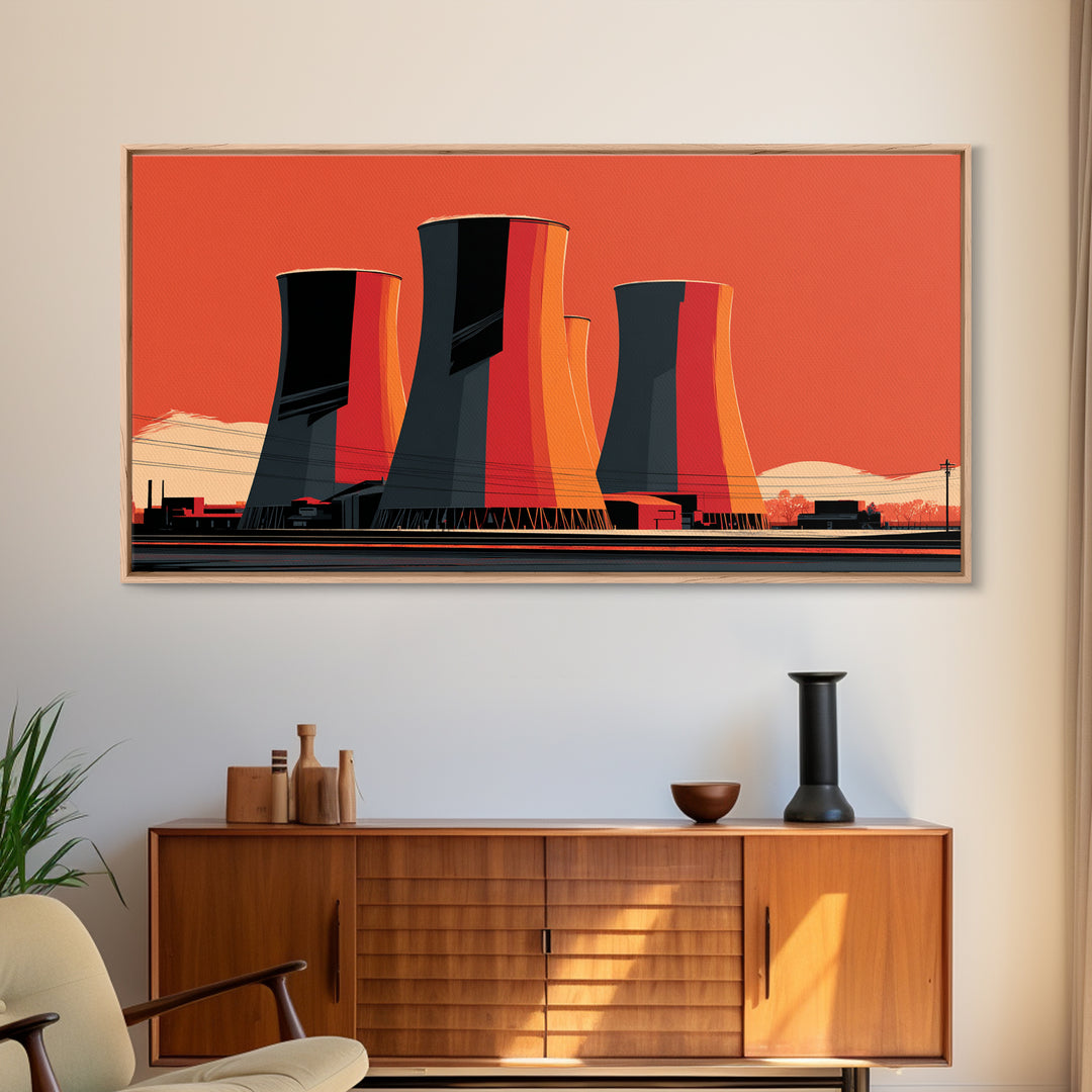 Orange Industrial Cooling Towers Wall Art, Retro Modern Power Plant Poster, Bold MCM Architecture Print, Office Wall Decor