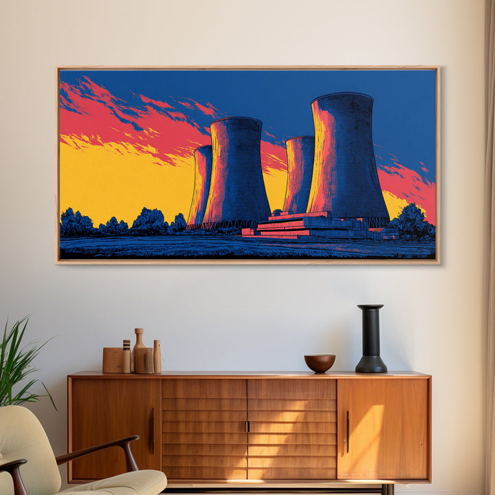 Pop Art Cooling Towers Canvas Print, Neon Sunset Industrial Landscape, Retro Modern Wall Art, Bold MCM Man Cave Office Decor