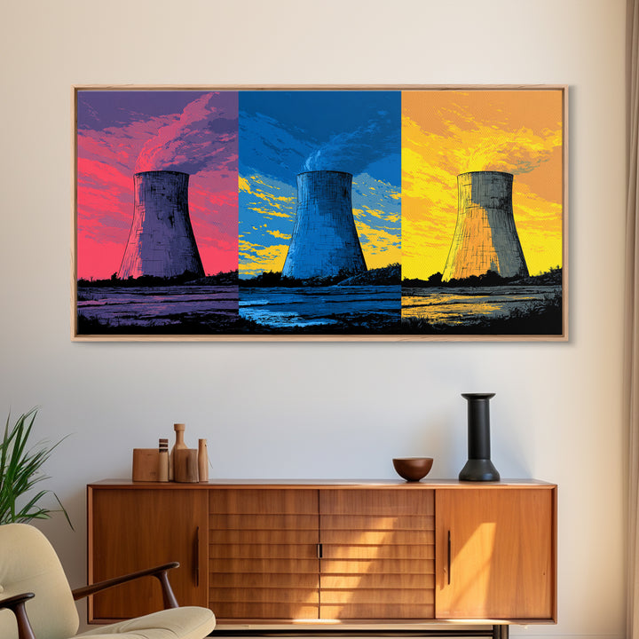 Triptych Cooling Tower Wall Art, Three Panel Pop Art Industrial Poster, Colorful Retro Canvas Print, Bold Modern Office Decor