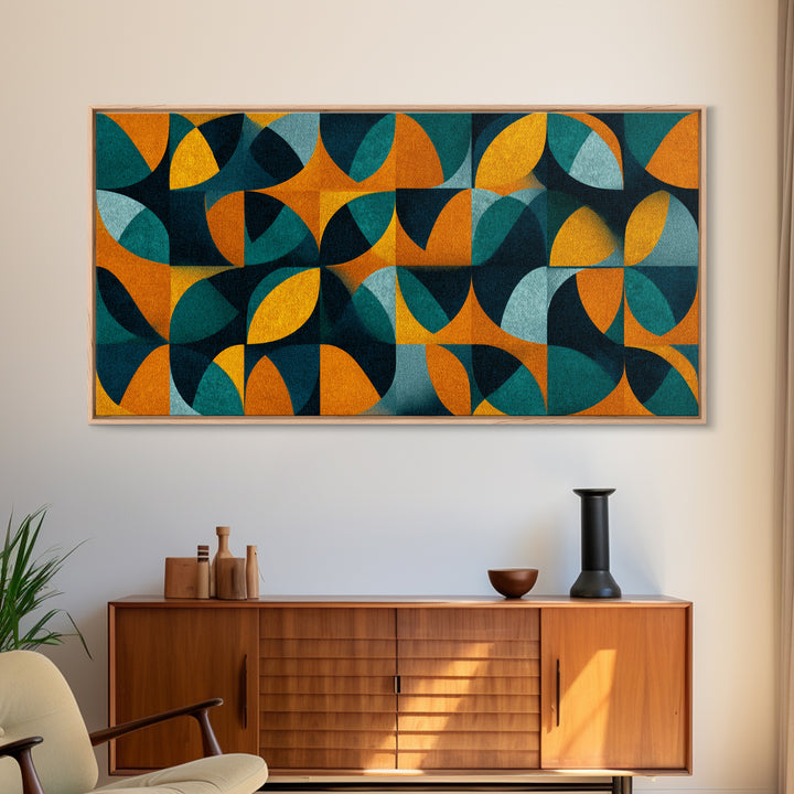 Teal And Ochre Petal Geometry With Circles Framed Canvas Print, Midcentury Modern Wall Art, Atomic Retro Pattern Decor Poster