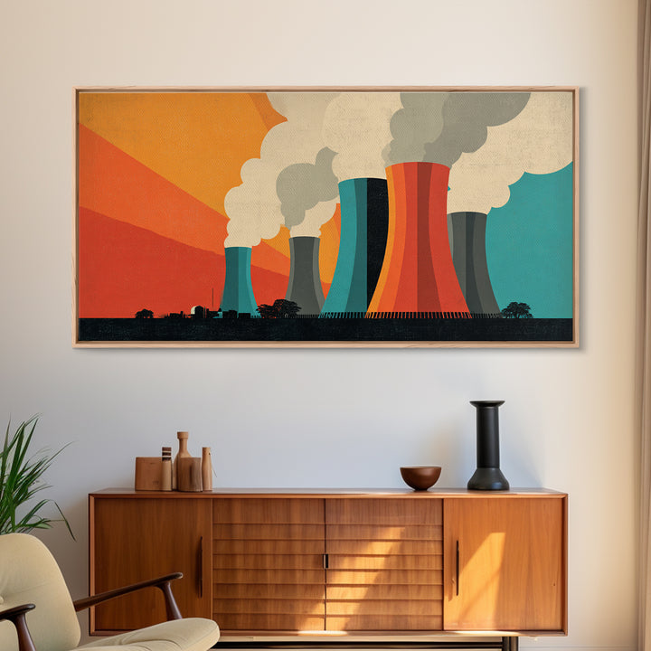 Retro Smokestack Power Plant Canvas Print, Midcentury Modern Industrial Wall Art, Orange Teal Factory Poster, Bold Decor