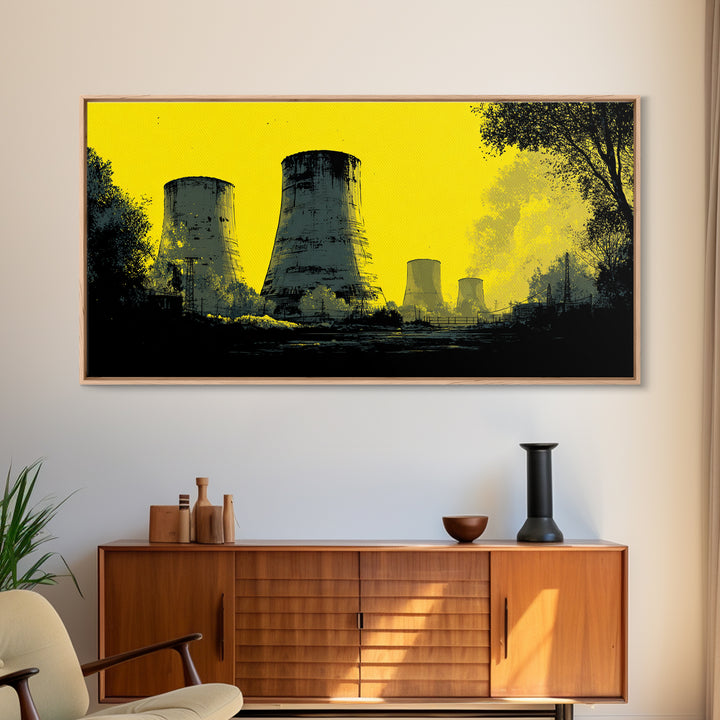 Yellow Nuclear Cooling Towers Wall Art, Industrial Landscape Print, Retro Sci Fi Poster, Modern Wall Decor, Statement Artwork