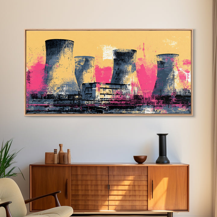 Pink Nuclear Power Plant Canvas Print, Industrial Landscape Wall Decor, Retro Modern Art Print, Bold Statement Artwork For Home Decor