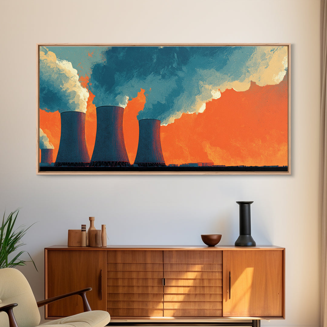 Orange Nuclear Cooling Towers Framed Canvas Print, Industrial Skyline Wall Art, Retro Modern Decor, Bold Landscape Poster