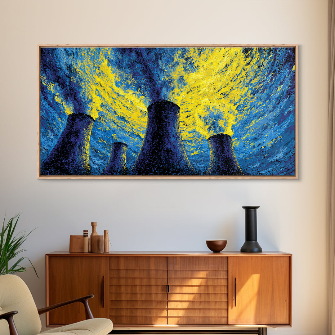 Blue Yellow Cooling Towers Canvas Print, Industrial Night Sky Wall Art, Modern Abstract Decor, Retro Sci Fi Poster Print