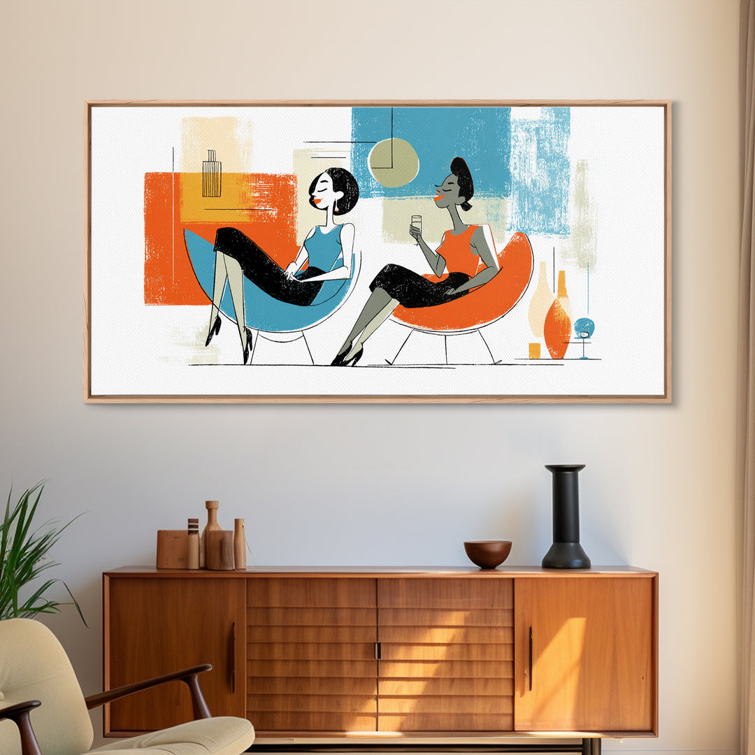 Midcentury Women Lounge Wall Art, Cocktail Chair Illustration, Retro Modern Decor, Colorful MCM Living Room Poster Art Print