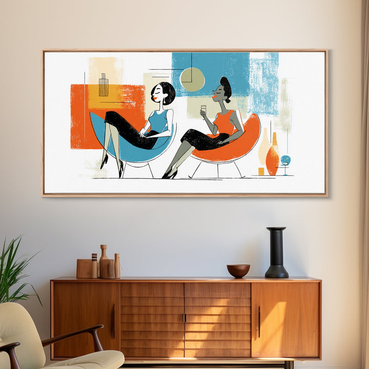 Midcentury Women Lounge Wall Art, Cocktail Chair Illustration, Retro Modern Decor, Colorful MCM Living Room Poster Art Print