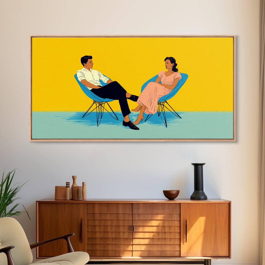 Midcentury Couple In Blue Chairs Canvas Print, Retro Modern Wall Art, MCM Lounge Decor, Colorful Living Room Poster Art Print