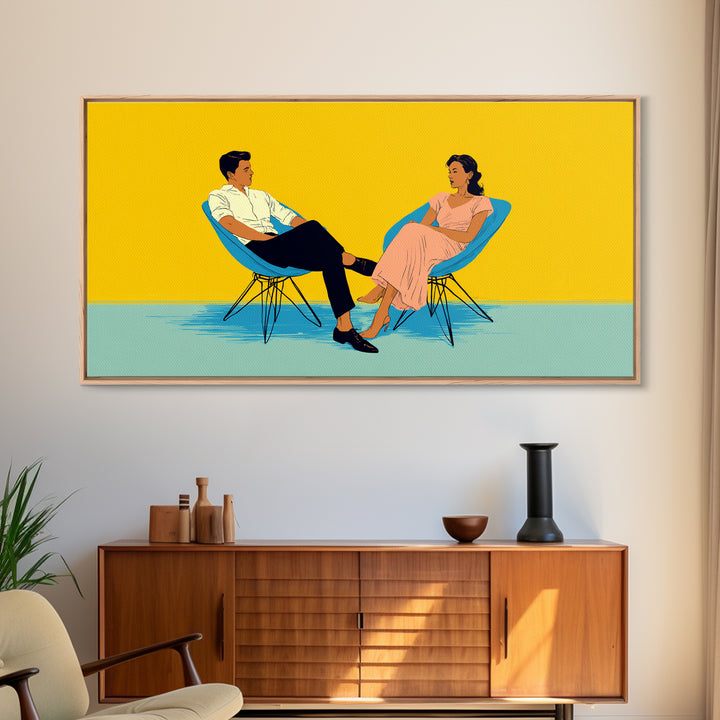 Midcentury Couple In Blue Chairs Canvas Print, Retro Modern Wall Art, MCM Lounge Decor, Colorful Living Room Poster Art Print
