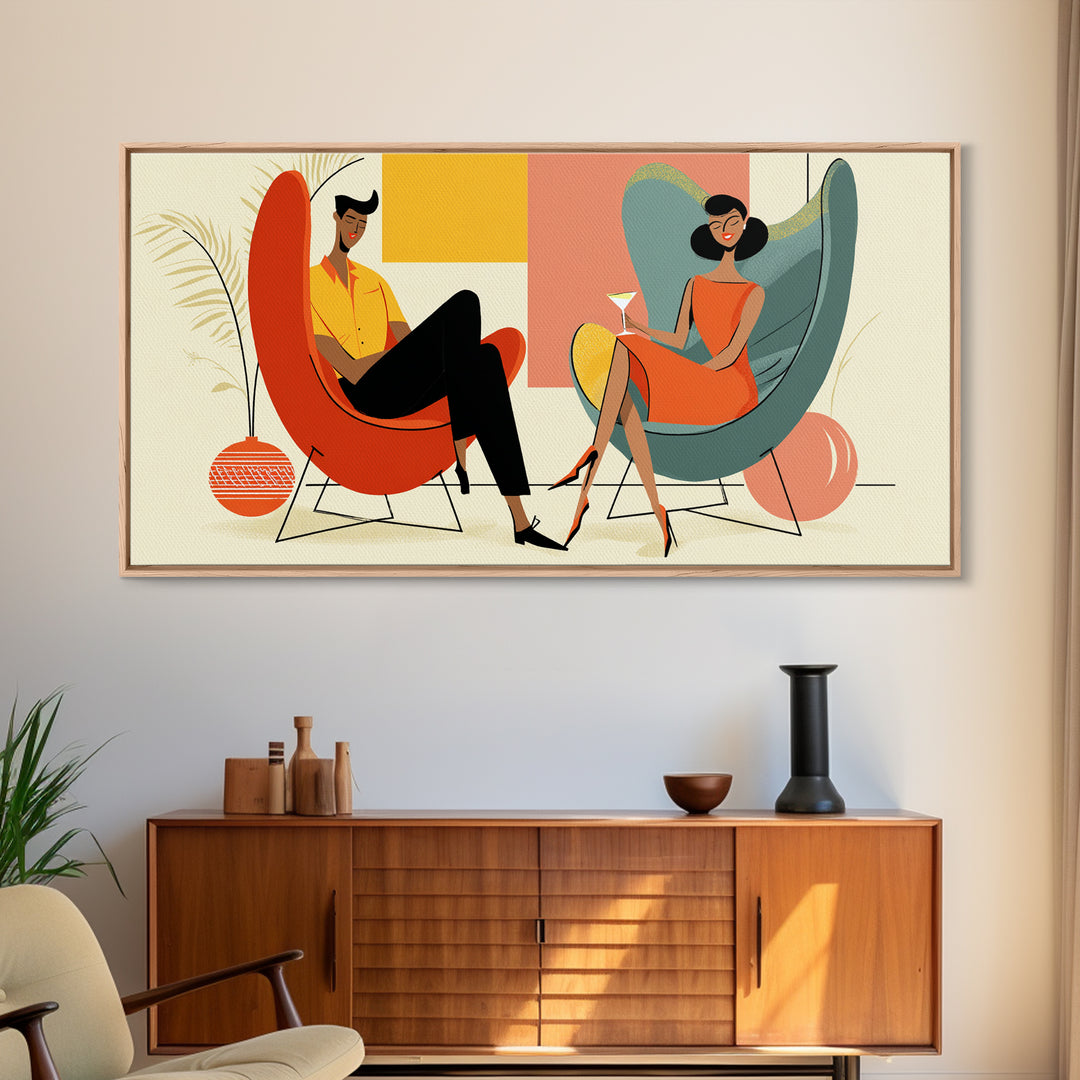 Midcentury Cocktail Lounge Framed Canvas Print, Stylish Couple Wall Art, Retro MCM Decor, Modern Living Room Poster Art Print