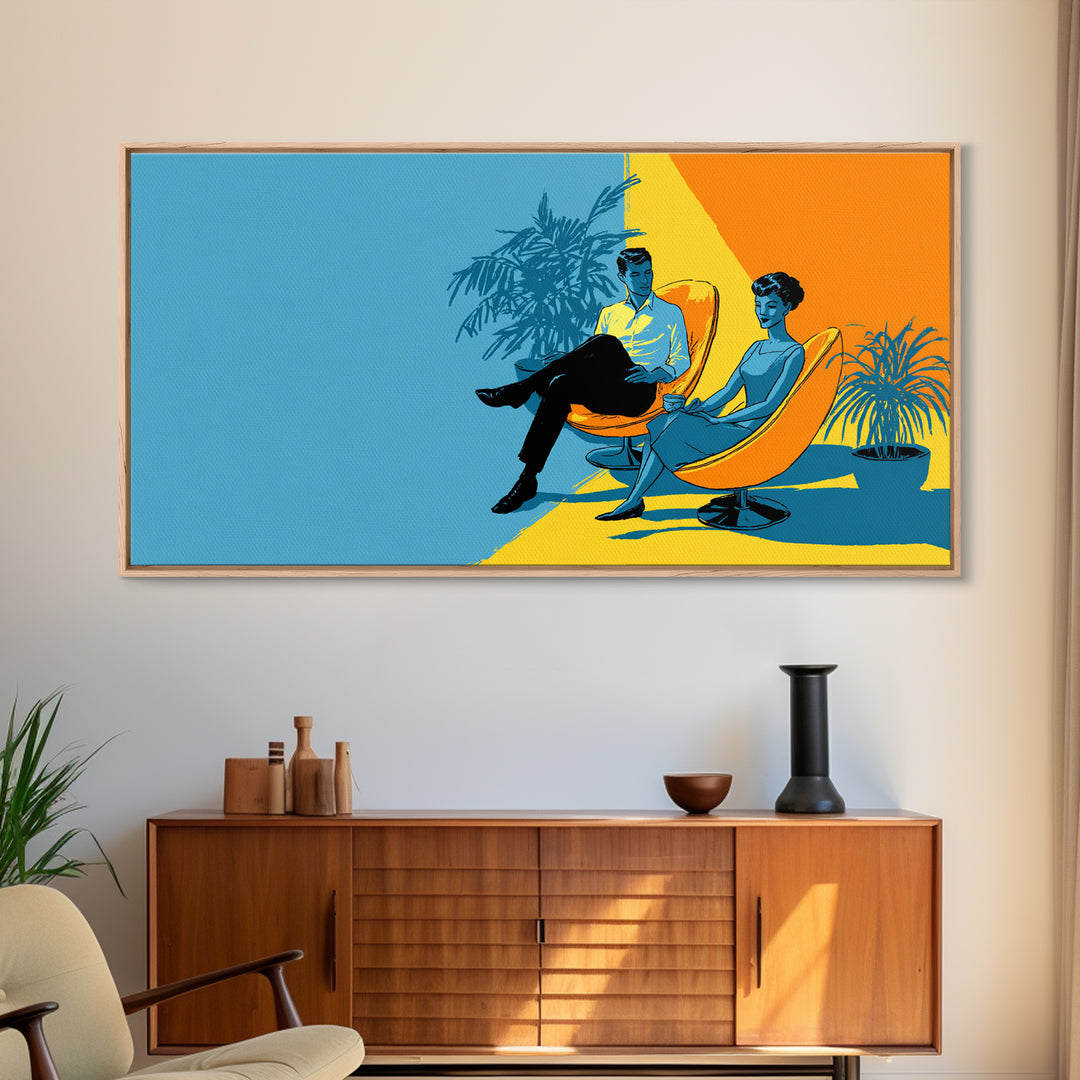 Midcentury Couple With Palm Plant Wall Art, Retro Lounge Chair Illustration, Modern MCM Decor, Colorful Home Poster Art Print