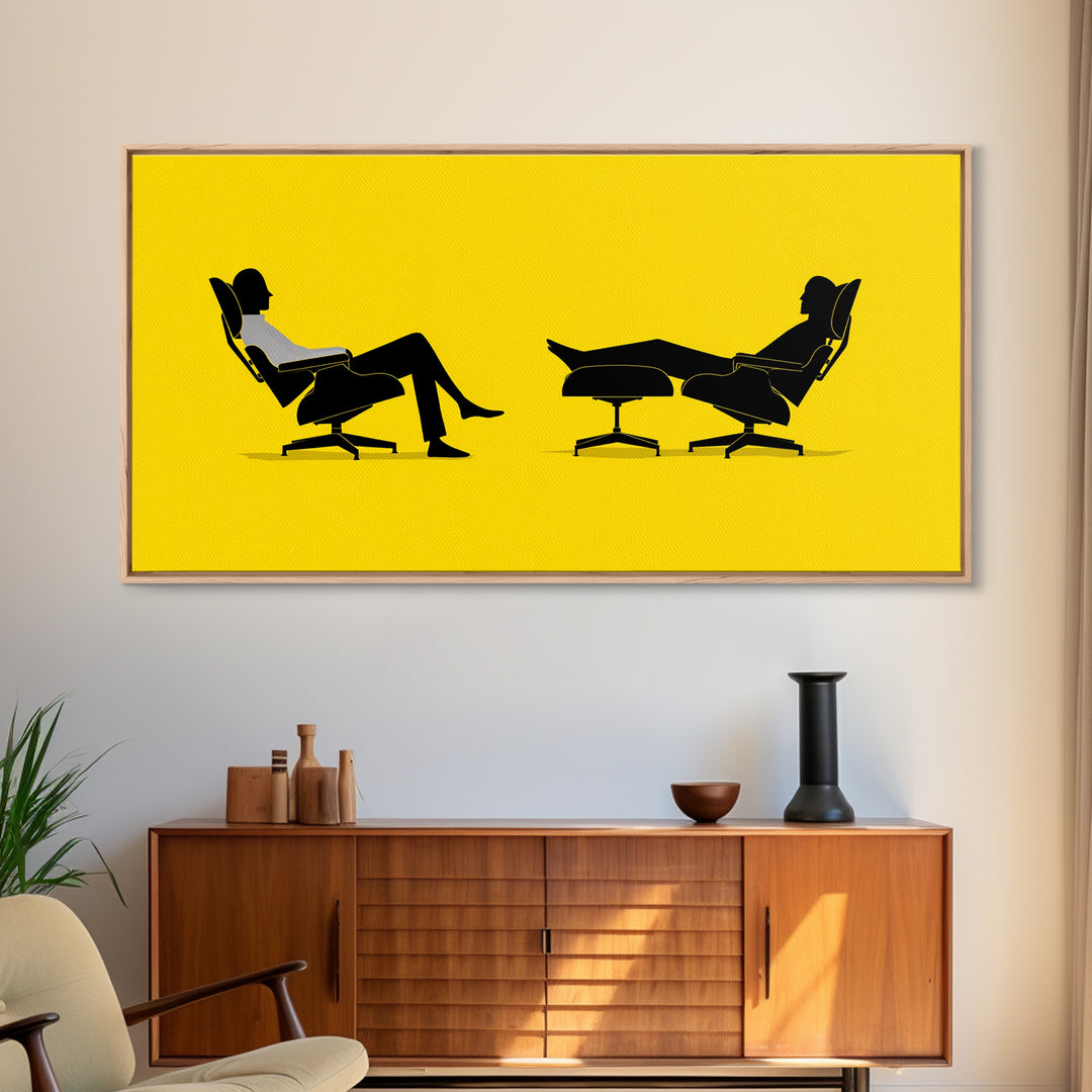 Yellow Midcentury Lounge Chairs Canvas Print, Minimal Couple Silhouette Wall Art, Retro Modern MCM Living Room Decor Poster