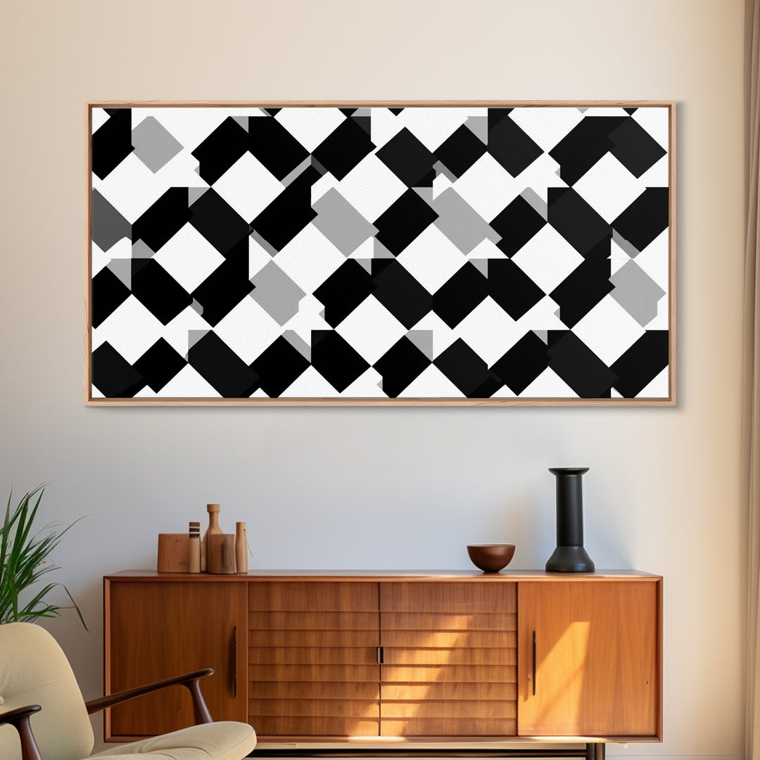 Black White Gray Geometric Diamond Pattern Wall Art, Mid Century Modern Abstract Print, Minimalist MCM Wall Decor For Office