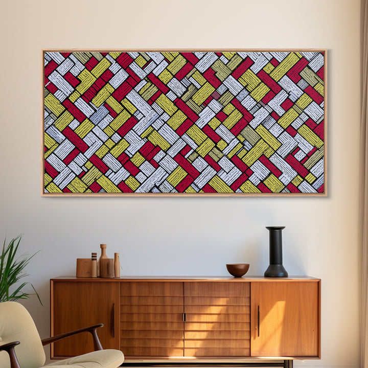 Red Yellow Herringbone Brick Pattern Canvas Print, Retro Geometric Wall Art, Mid Century Modern Decor For Kitchen Office