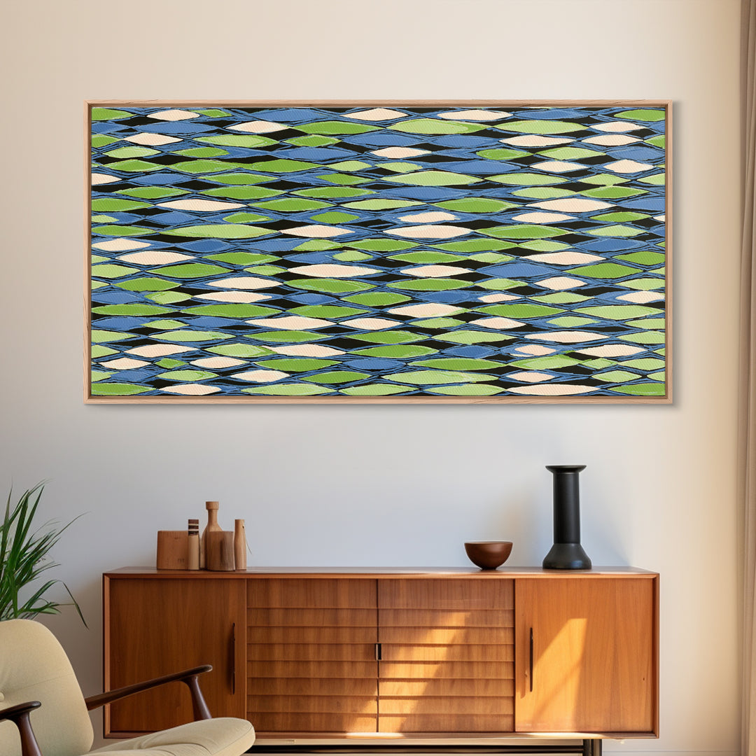 Blue Green Cream Diamond Lattice Wall Art, Scandinavian Modern Geometric Print, Mid Century Decor For Living Room Office