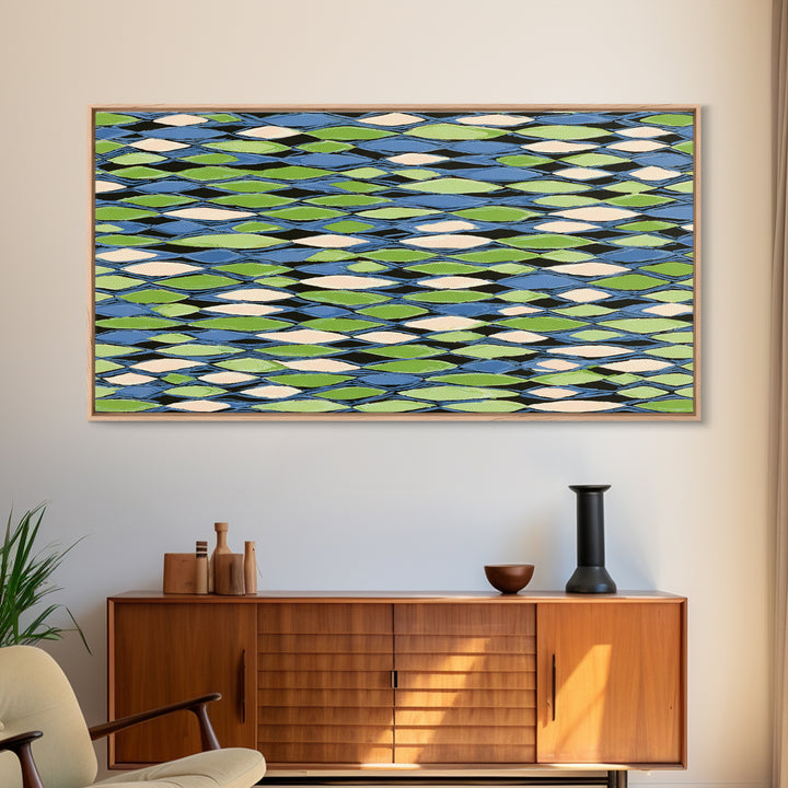 Blue Green Cream Diamond Lattice Wall Art, Scandinavian Modern Geometric Print, Mid Century Decor For Living Room Office